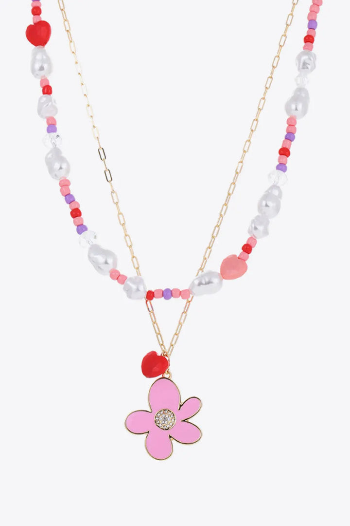 LOVCIA Flower and Heart Pendant Layered Necklace