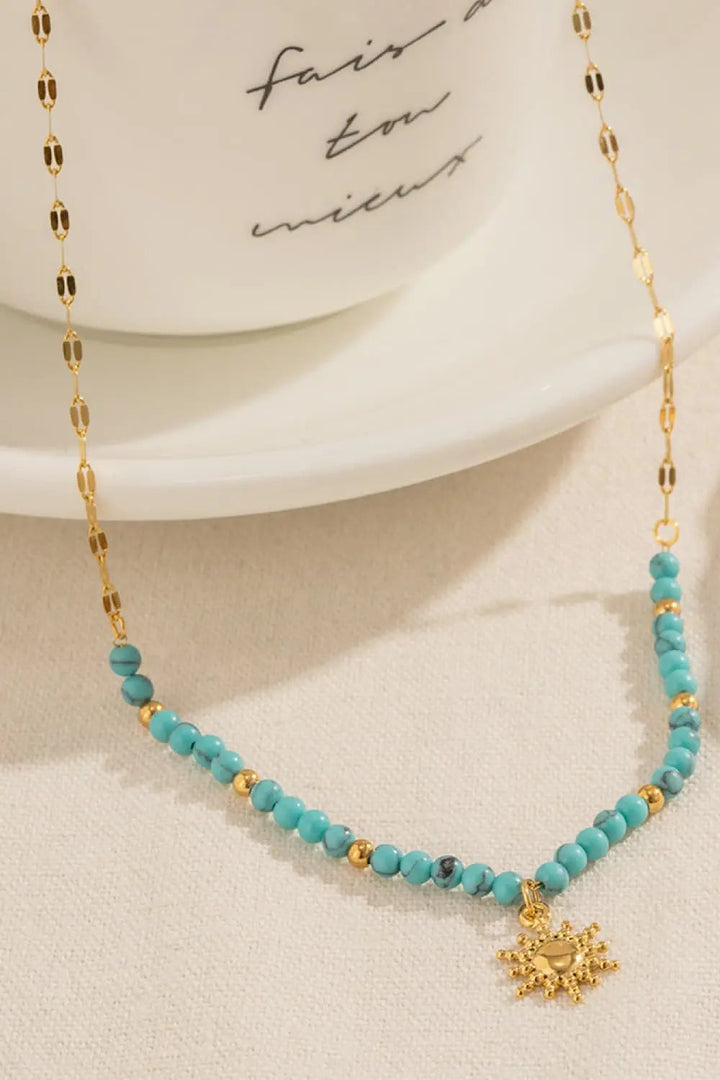 LOVCIA Turquoise Beaded 18K Gold-Plated Sun Shape Pendant Necklace