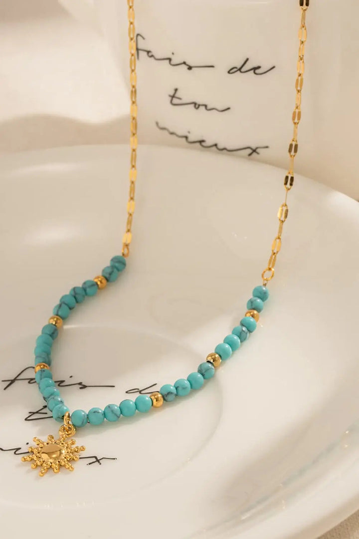 LOVCIA Turquoise Beaded 18K Gold-Plated Sun Shape Pendant Necklace