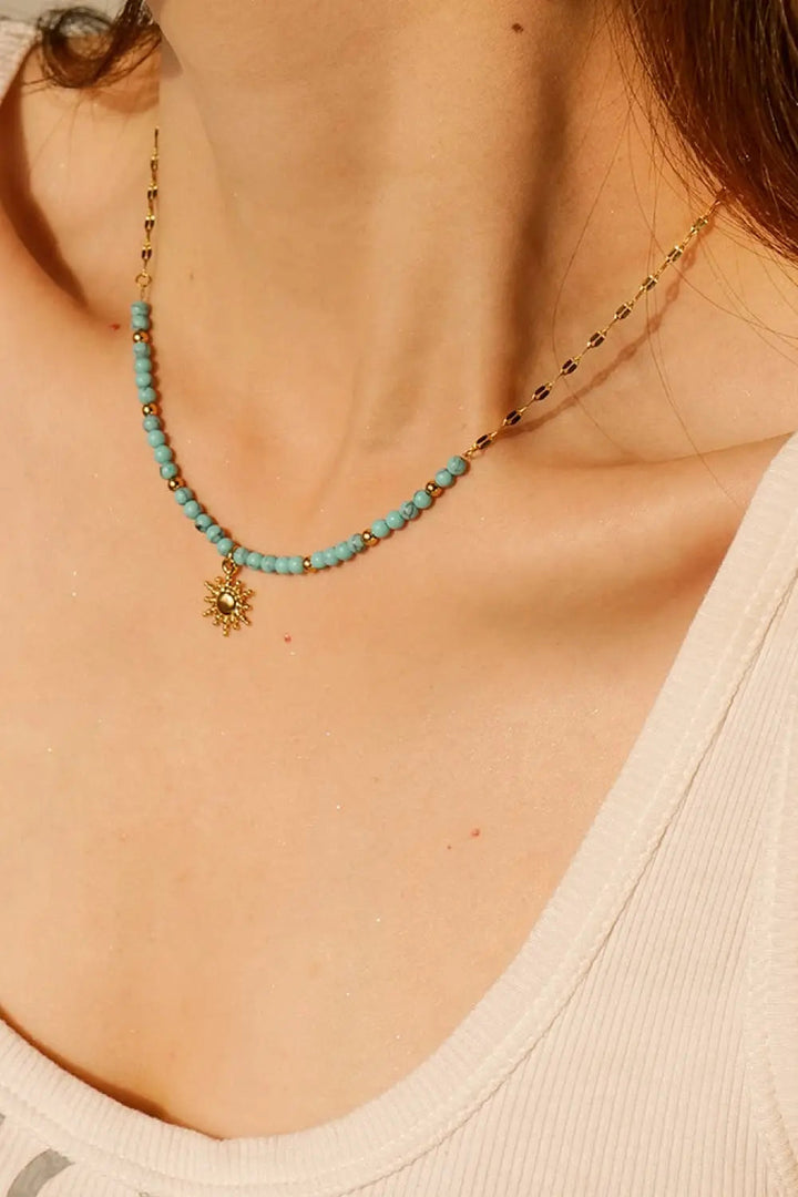 LOVCIA Turquoise Beaded 18K Gold-Plated Sun Shape Pendant Necklace