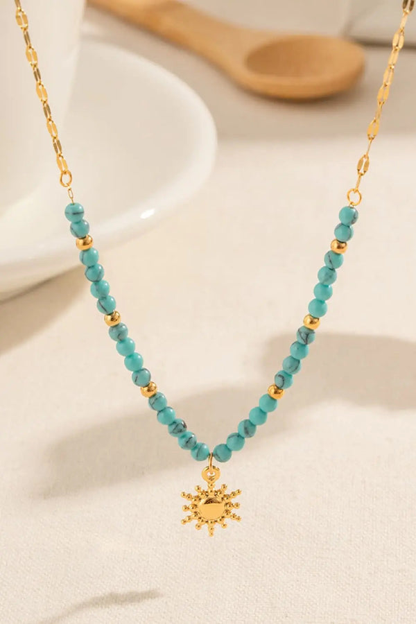 LOVCIA Turquoise Beaded 18K Gold-Plated Sun Shape Pendant Necklace