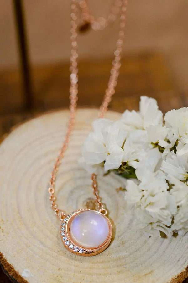 LOVCIA High Quality Natural Moonstone 18K Rose Gold-Plated 925 Sterling Silver Necklace