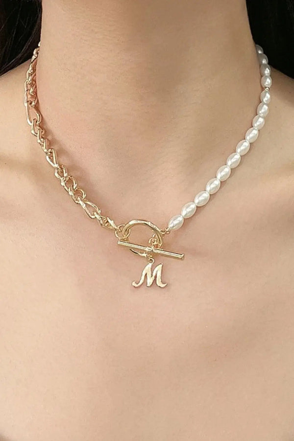 LOVCIA Alphabet M Pendant Half Pearl and Half Chain Necklace