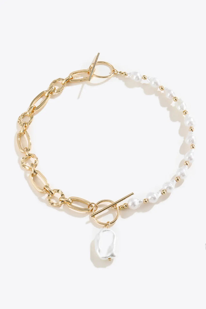 LOVCIA Half Pearl Half Chain Toggle Clasp Necklace