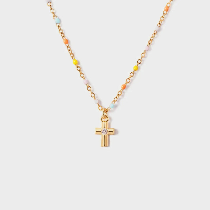 LOVCIA Inlaid Zircon 18K Gold-Plated Cross Bead Necklace