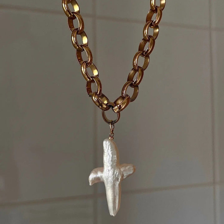 LOVCIA Freshwater Pearl Brass Cross Pendant Necklace