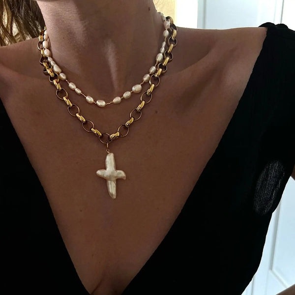 LOVCIA Freshwater Pearl Brass Cross Pendant Necklace