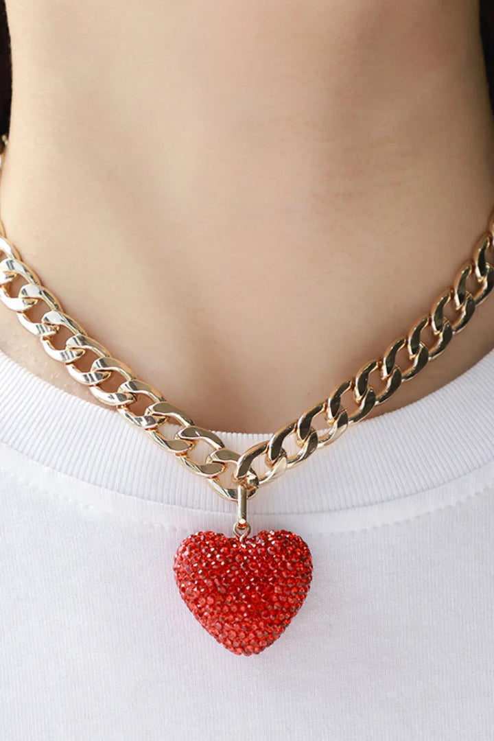 LOVCIA Rhinestone Heart Pendant Curb Chain Necklace