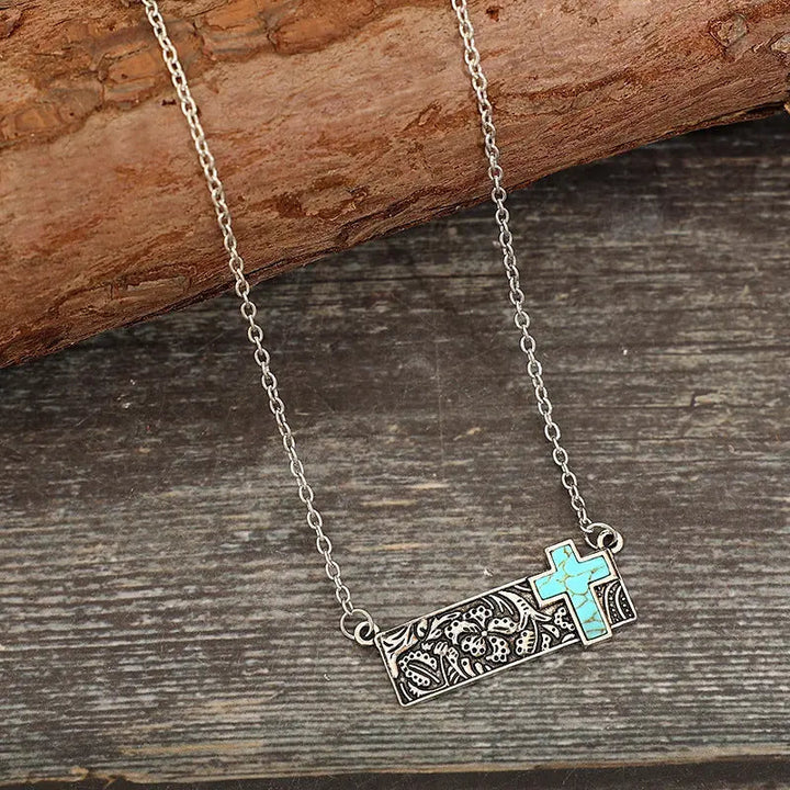 LOVCIA Artificial Turquoise Cross Bar Necklace