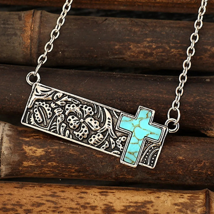 LOVCIA Artificial Turquoise Cross Bar Necklace