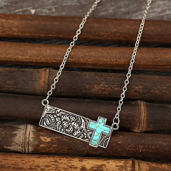 LOVCIA Artificial Turquoise Cross Bar Necklace