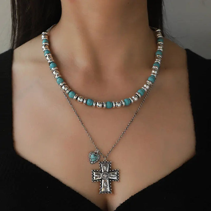 LOVCIA Artificial Turquoise Beaded Double-Layered Cross Necklace