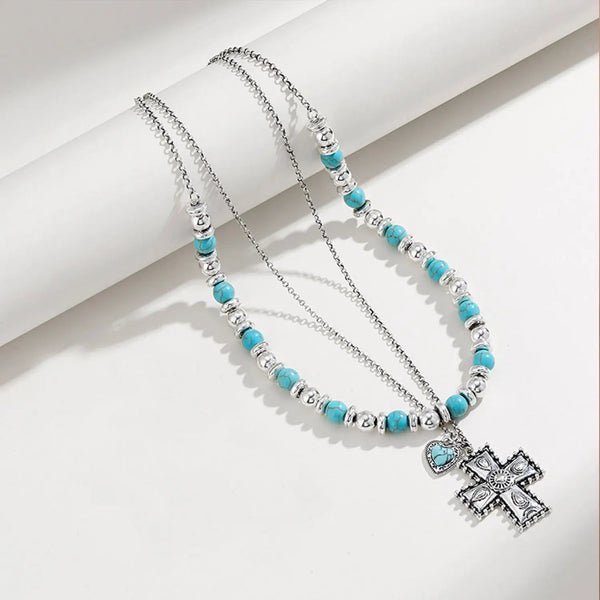 LOVCIA Artificial Turquoise Beaded Double-Layered Cross Necklace