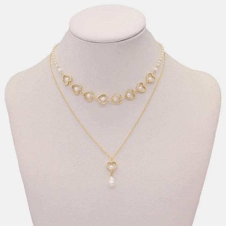 LOVCIA Double-Layered Heart & Pearl Pendant Necklace