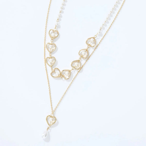 LOVCIA Double-Layered Heart & Pearl Pendant Necklace