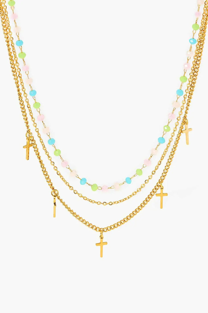 LOVCIA 18K Gold Plated Cross Pendant Triple-Layered Necklace