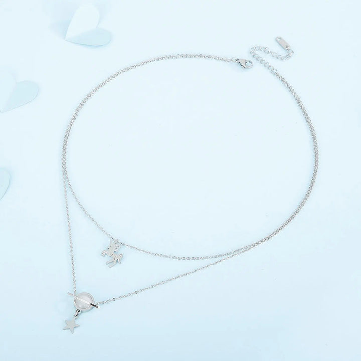 LOVCIA Unicorn and Star Shape Double-Layered Pendant Necklace