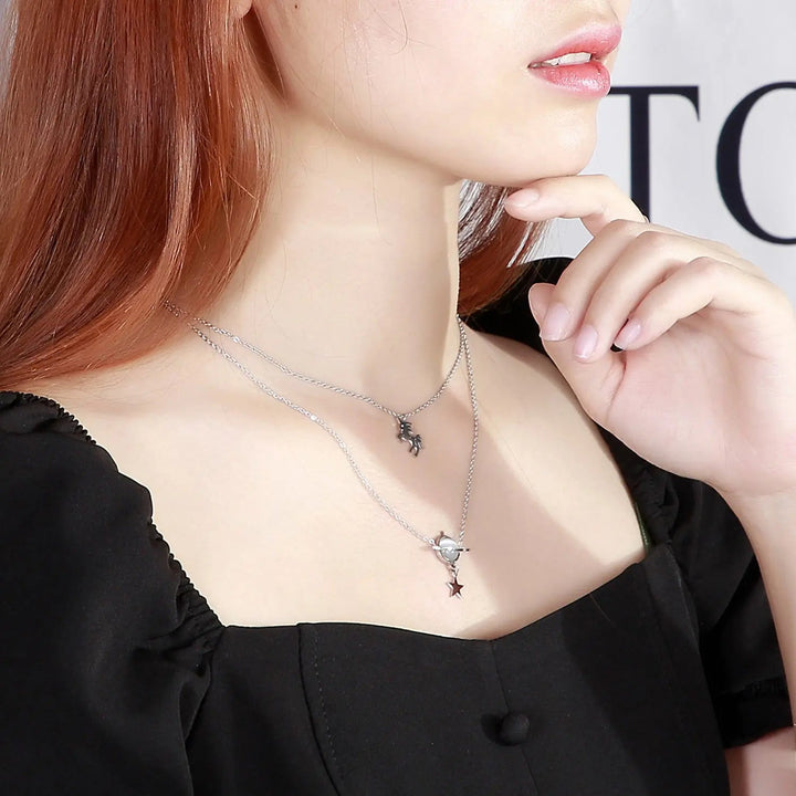 LOVCIA Unicorn and Star Shape Double-Layered Pendant Necklace