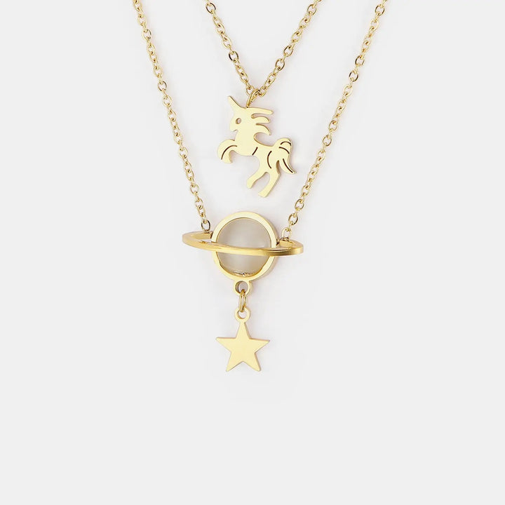 LOVCIA Unicorn and Star Shape Double-Layered Pendant Necklace