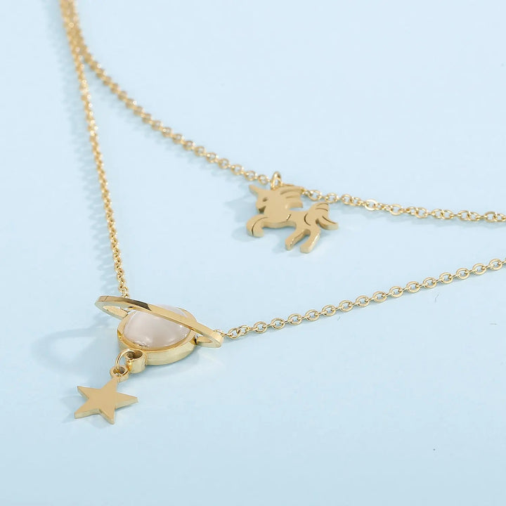 LOVCIA Unicorn and Star Shape Double-Layered Pendant Necklace