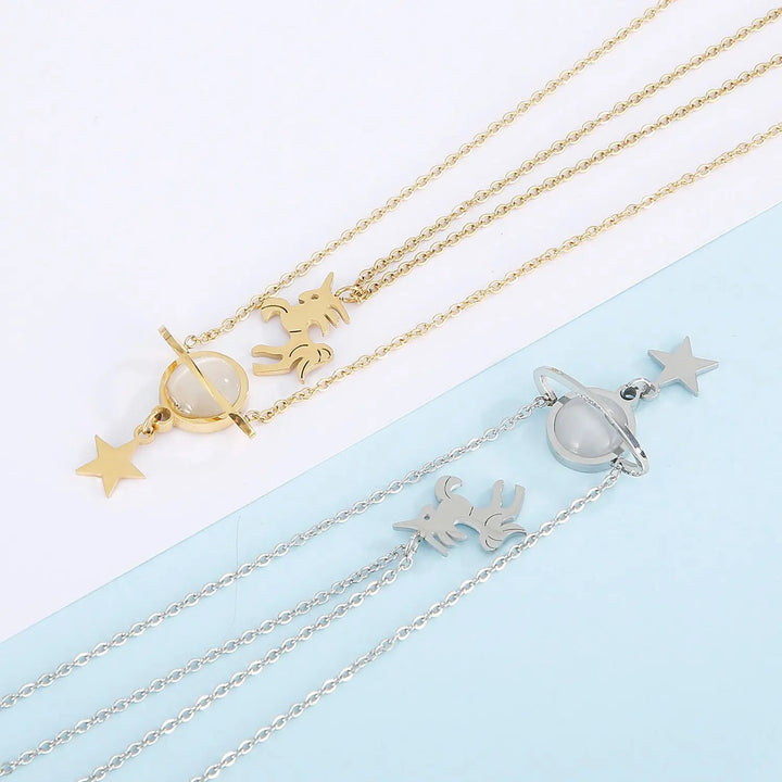 LOVCIA Unicorn and Star Shape Double-Layered Pendant Necklace