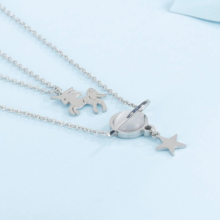 LOVCIA Unicorn and Star Shape Double-Layered Pendant Necklace