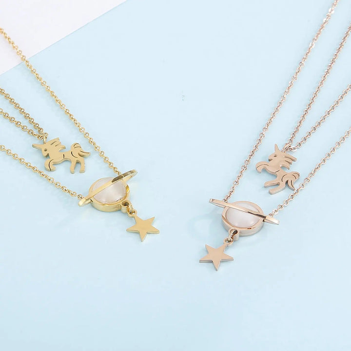 LOVCIA Unicorn and Star Shape Double-Layered Pendant Necklace