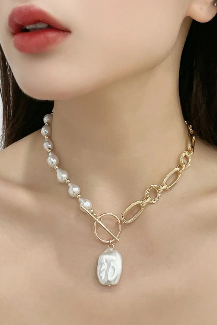 5-Piece Wholesale Half Pearl Half Chain Toggle Clasp Necklace LOVCIA