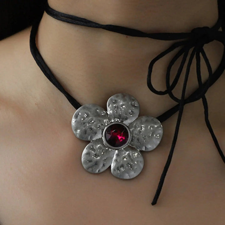 LOVCIA Tied Alloy Rhinestone Flower Shape Necklace