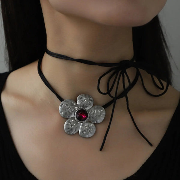 LOVCIA Tied Alloy Rhinestone Flower Shape Necklace