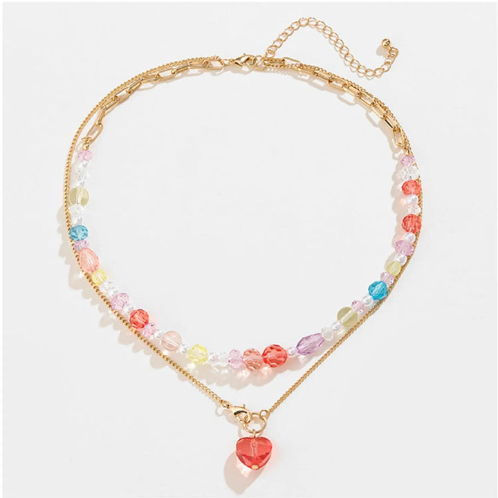 LOVCIA Beaded Double-Layered Heart Pendant Necklace