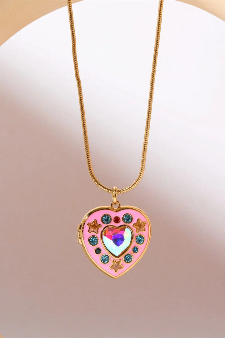 LOVCIA Rhinestone Decor Heart Box Pendant Necklace