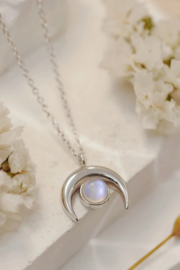 LOVCIA High Quality Natural Moonstone Moon Pendant 925 Sterling Silver Necklace