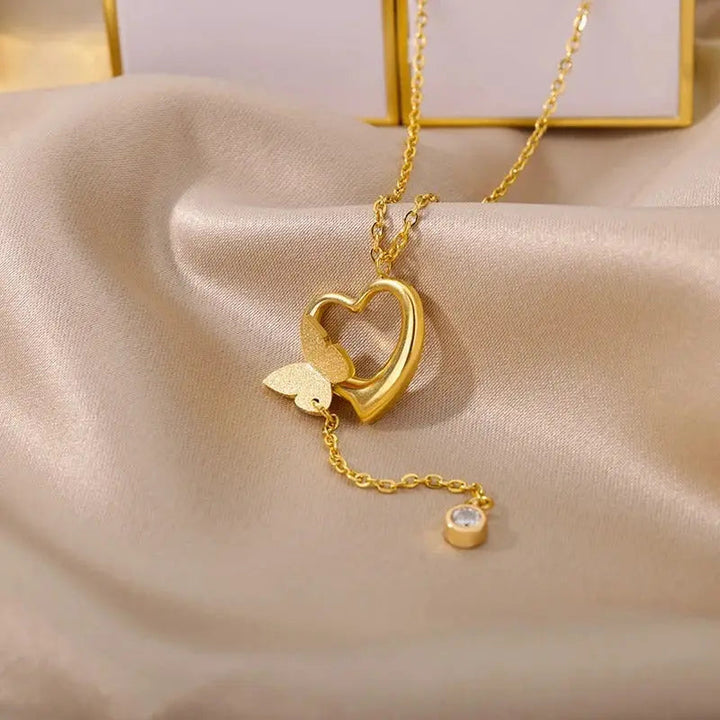 LOVCIA Butterfly Heart Pendant Necklace for Women, Adjustable Chain, 18K Gold Plated Stainless Steel Necklace, Elegant Gift for Her LOVCIA