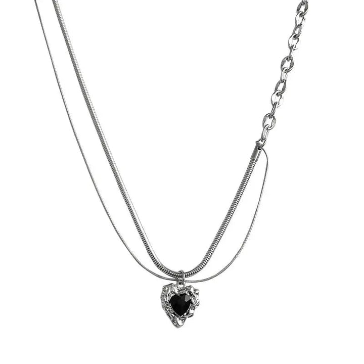 LOVCIA Asymmetric Black Heart Necklace for Women - Titanium Steel Dual Chain Pendant Trendy Necklace LOVCIA