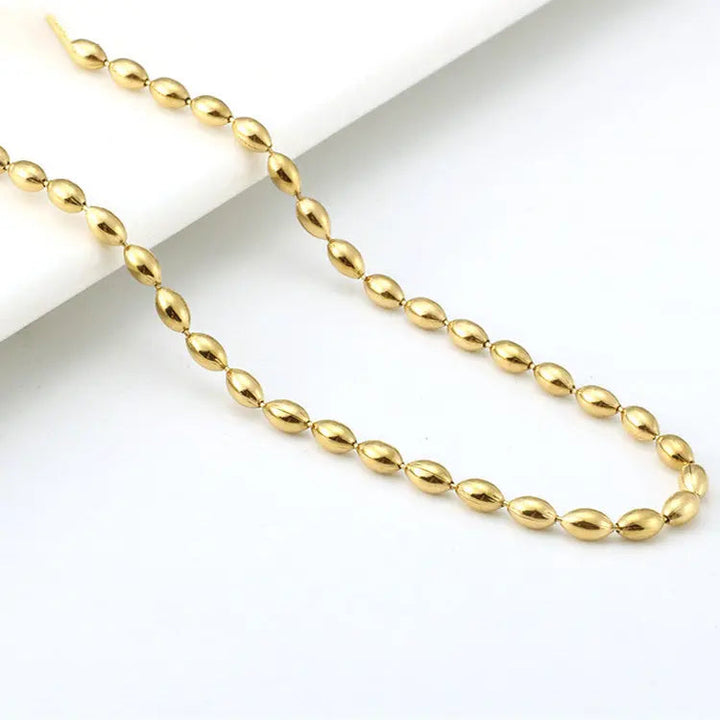 LOVCIA 18K Gold Plated Stainless Steel Oval Beads Chain Necklace for Women, Elegant Adjustable Fashion Jewelry, Lightweight Gold Bead Choker Necklace, Perfect Gift for Her LOVCIA