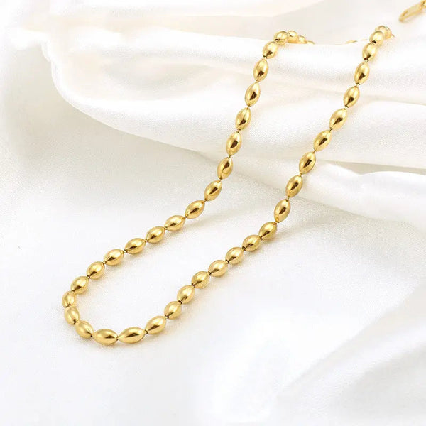 LOVCIA 18K Gold Plated Stainless Steel Oval Beads Chain Necklace for Women, Elegant Adjustable Fashion Jewelry, Lightweight Gold Bead Choker Necklace, Perfect Gift for Her LOVCIA