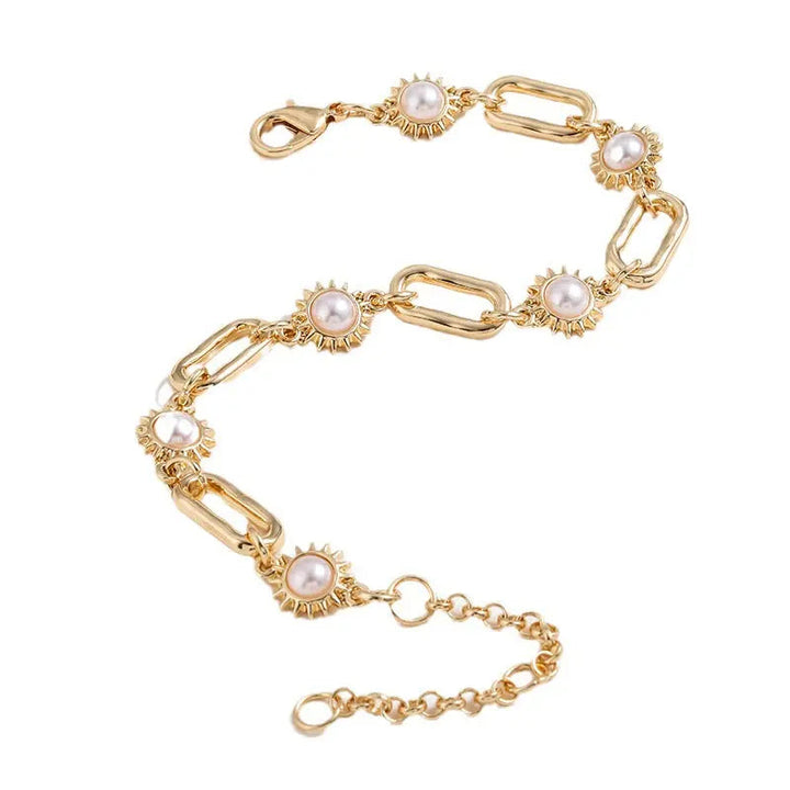 LOVCIA Elegant Sunburst Design Gold Plated Alloy Pearl Necklace and Bracelet Set for Women LOVCIA