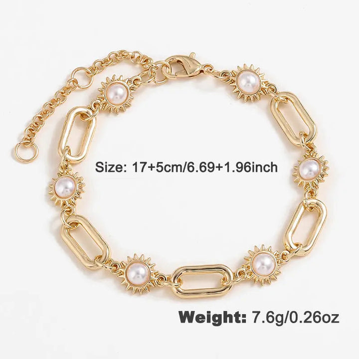 LOVCIA Elegant Sunburst Design Gold Plated Alloy Pearl Necklace and Bracelet Set for Women LOVCIA