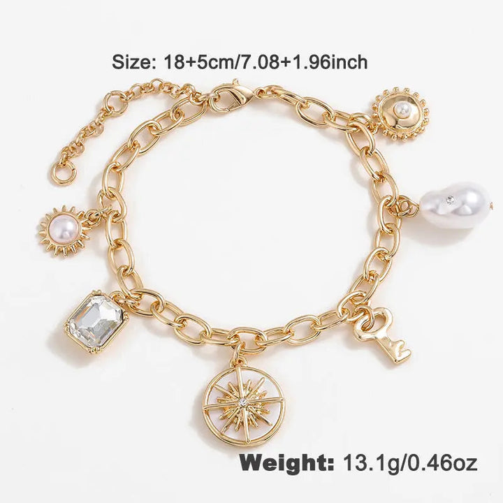 LOVCIA Elegant Sunburst Design Gold Plated Alloy Pearl Necklace and Bracelet Set for Women LOVCIA