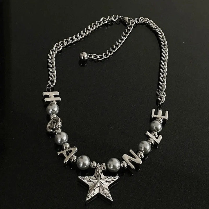 LOVCIA Titanium Steel Letter Bead Necklace with Star Pendant for Women - Trendy and Stylish Statement Jewelry LOVCIA