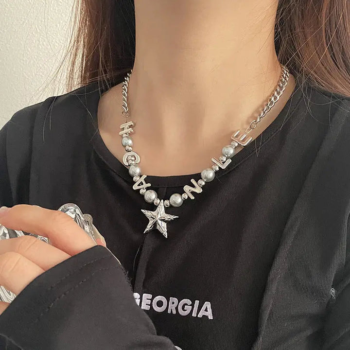 LOVCIA Titanium Steel Letter Bead Necklace with Star Pendant for Women - Trendy and Stylish Statement Jewelry LOVCIA