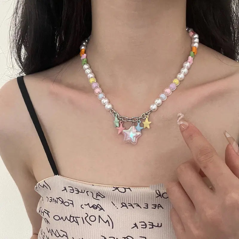 LOVCIA Colorful Fashion Five-Pointed Star Pearl Necklace for Women LOVCIA