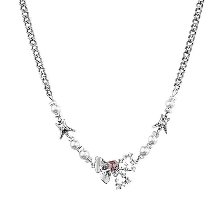 LOVCIA Titanium Steel Pearl & Bow Pendant Necklace for Women - Elegant Stars and Pink Gemstone Clavicle Chain LOVCIA