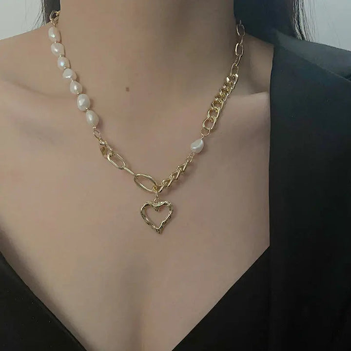 LOVCIA Asymmetric Titanium Steel Heart Pendant Necklace for Women - Gold Plated Chain Necklace with Pearl Beads LOVCIA