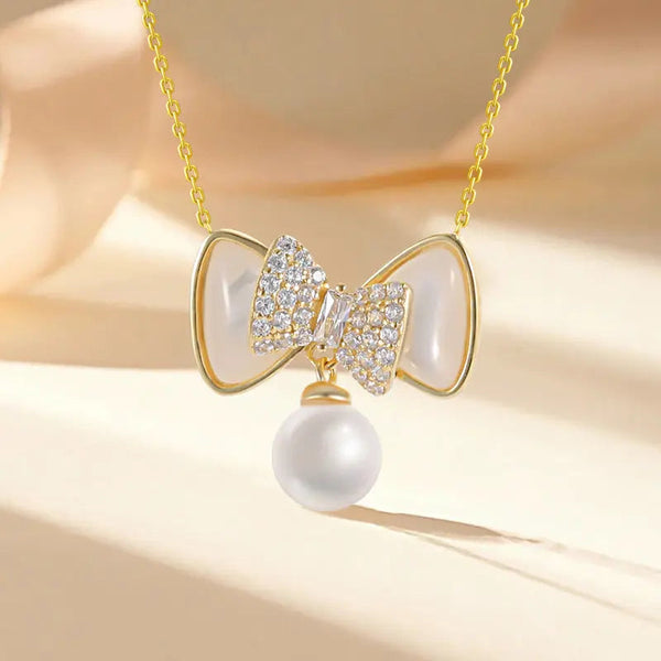 LOVCIA Speciality Design Bow Pearl Pendant Sterling Silver Necklace for Women LOVCIA