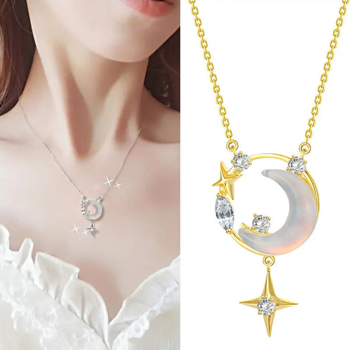 LOVCIA Crescent Moon and Star Gold Plated Sterling Silver Necklace for Women with Opalescent and Crystal Accents LOVCIA