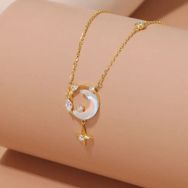 LOVCIA Crescent Moon and Star Gold Plated Sterling Silver Necklace for Women with Opalescent and Crystal Accents LOVCIA