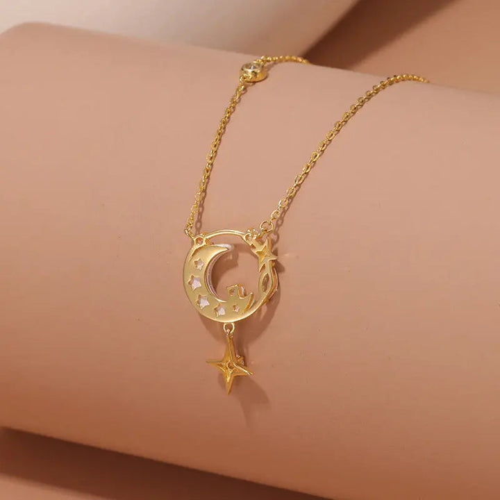 LOVCIA Crescent Moon and Star Gold Plated Sterling Silver Necklace for Women with Opalescent and Crystal Accents LOVCIA