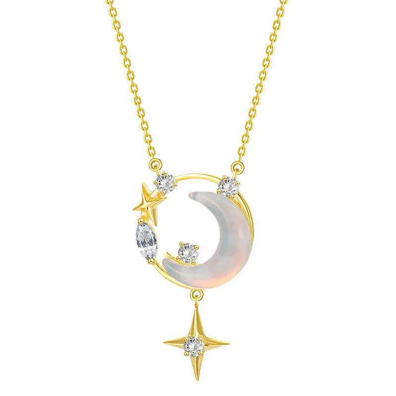 LOVCIA Crescent Moon and Star Gold Plated Sterling Silver Necklace for Women with Opalescent and Crystal Accents LOVCIA